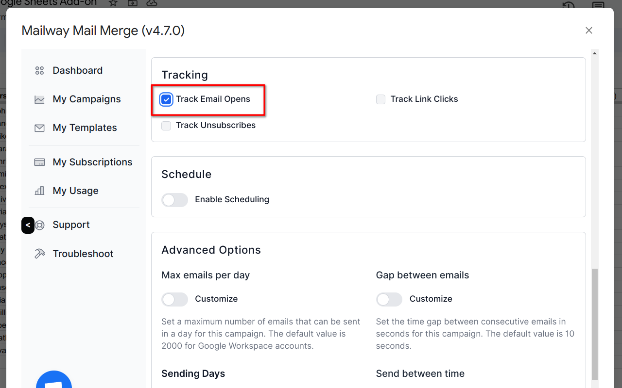 screenshot highlighting the checkbox to enable email open tracking feature