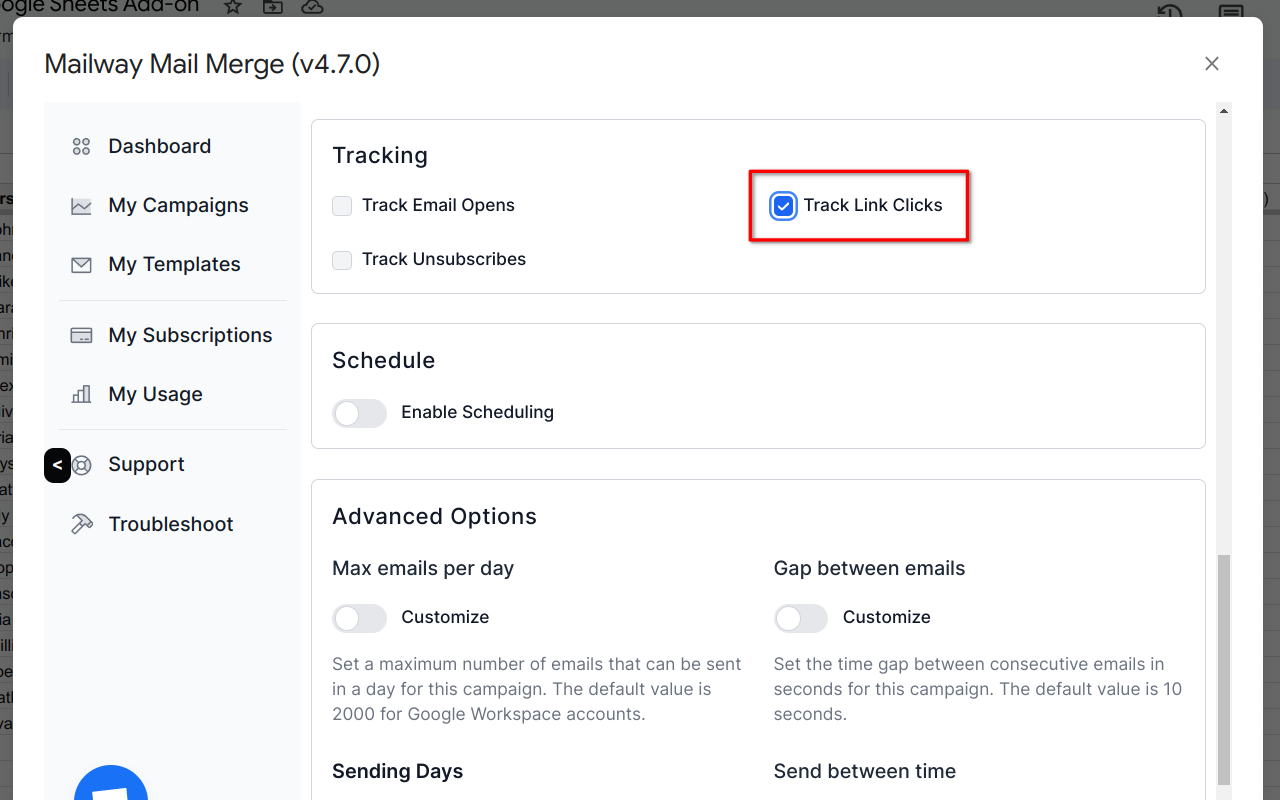 screenshot highlighting the checkbox to enable email link click tracking feature
