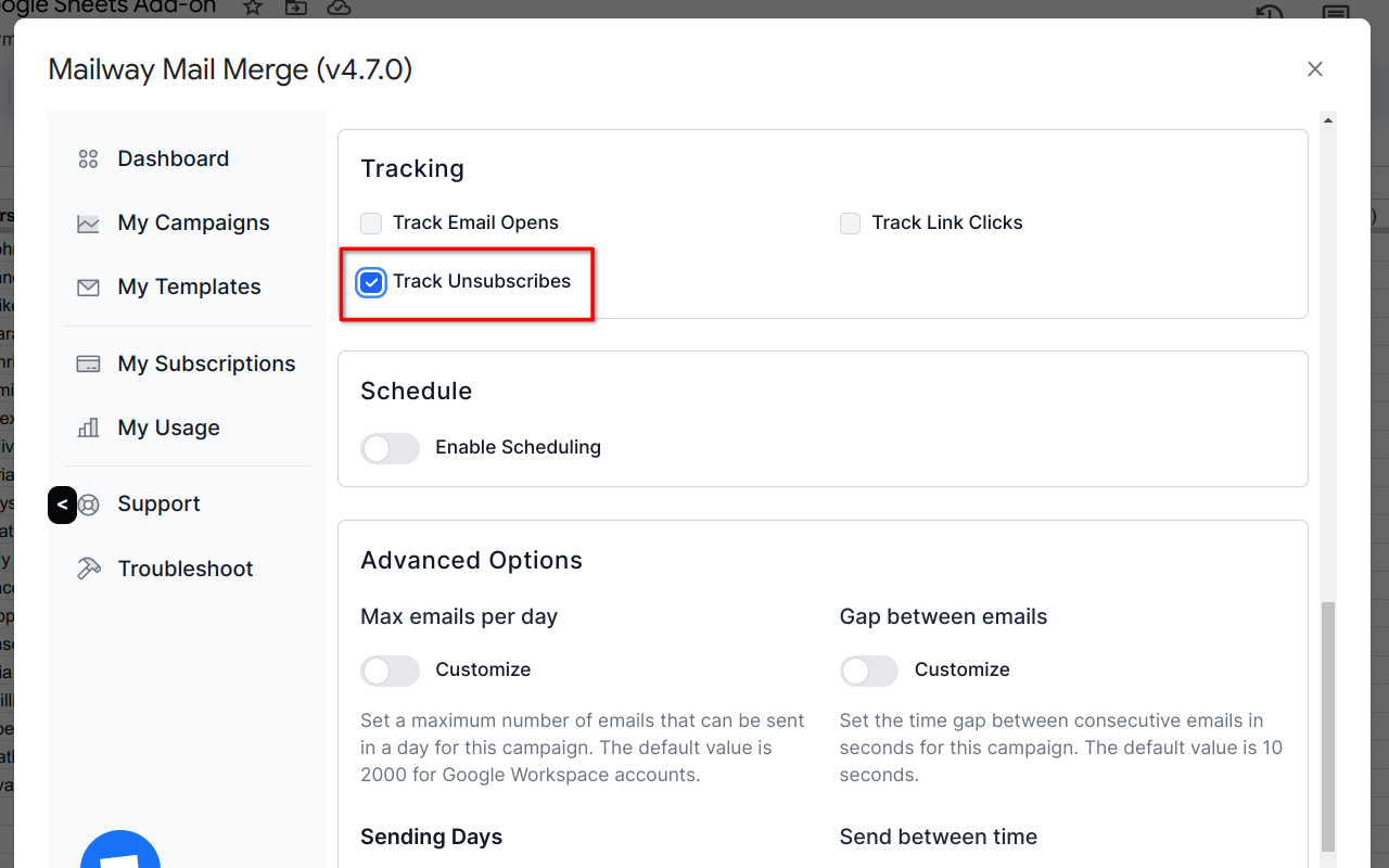 screenshot highlighting the checkbox to enable email unsubscription tracking feature